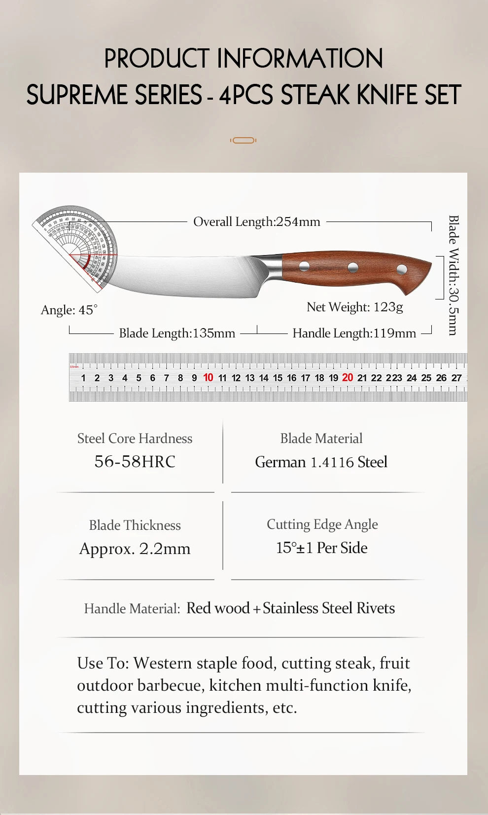HEZHEN 1PC Or 4PC Steak Knife Set 1.4116 steel Red Wood Handle Cook Tools Core Blade Kitchen Knife Accessories Box Packing