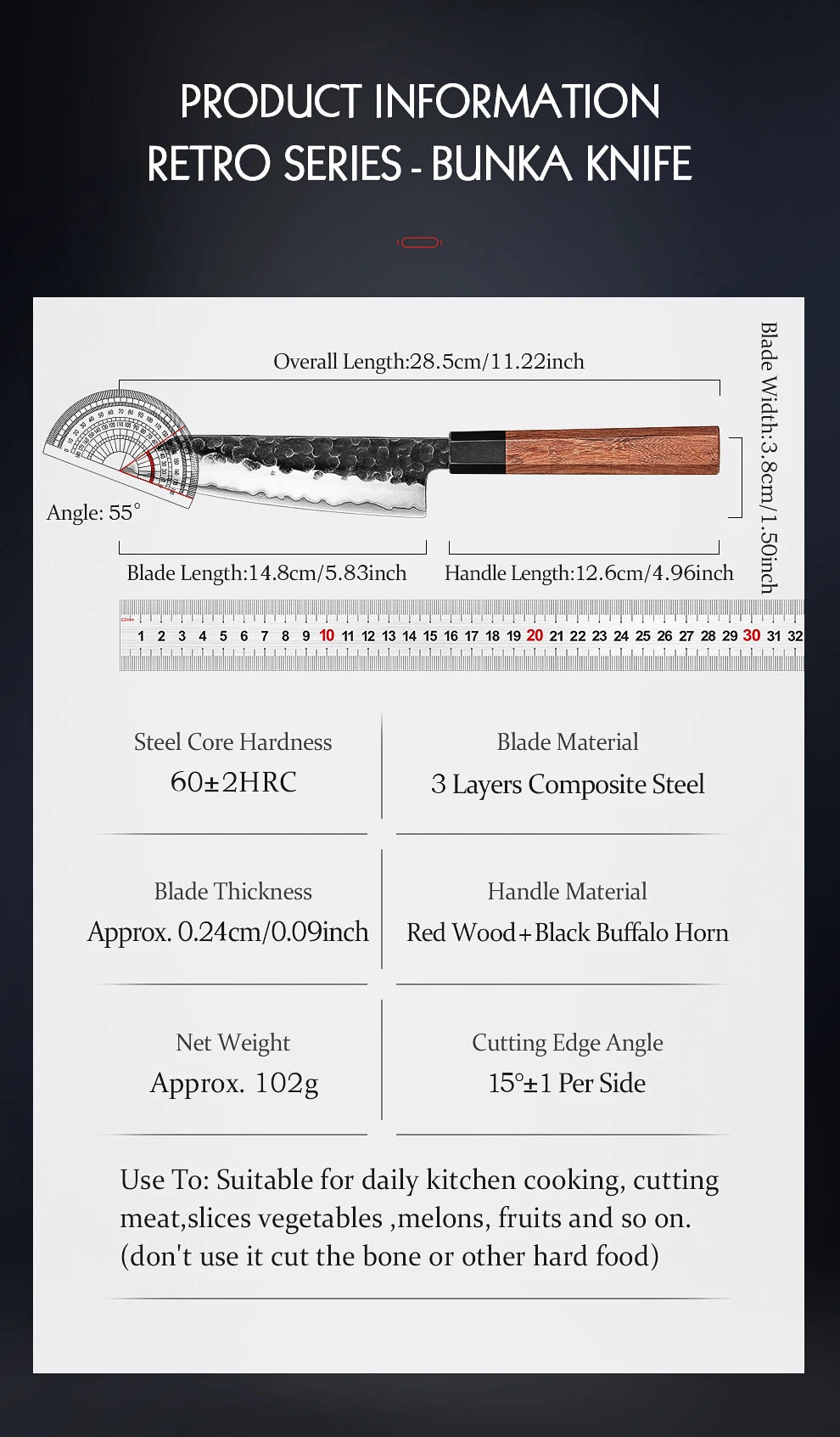 5.8 Inch Bunka Knife Three-layer Composite Steel Stainless Steel Red Wood Handle Kitchen Cooking Utility Chef Knives