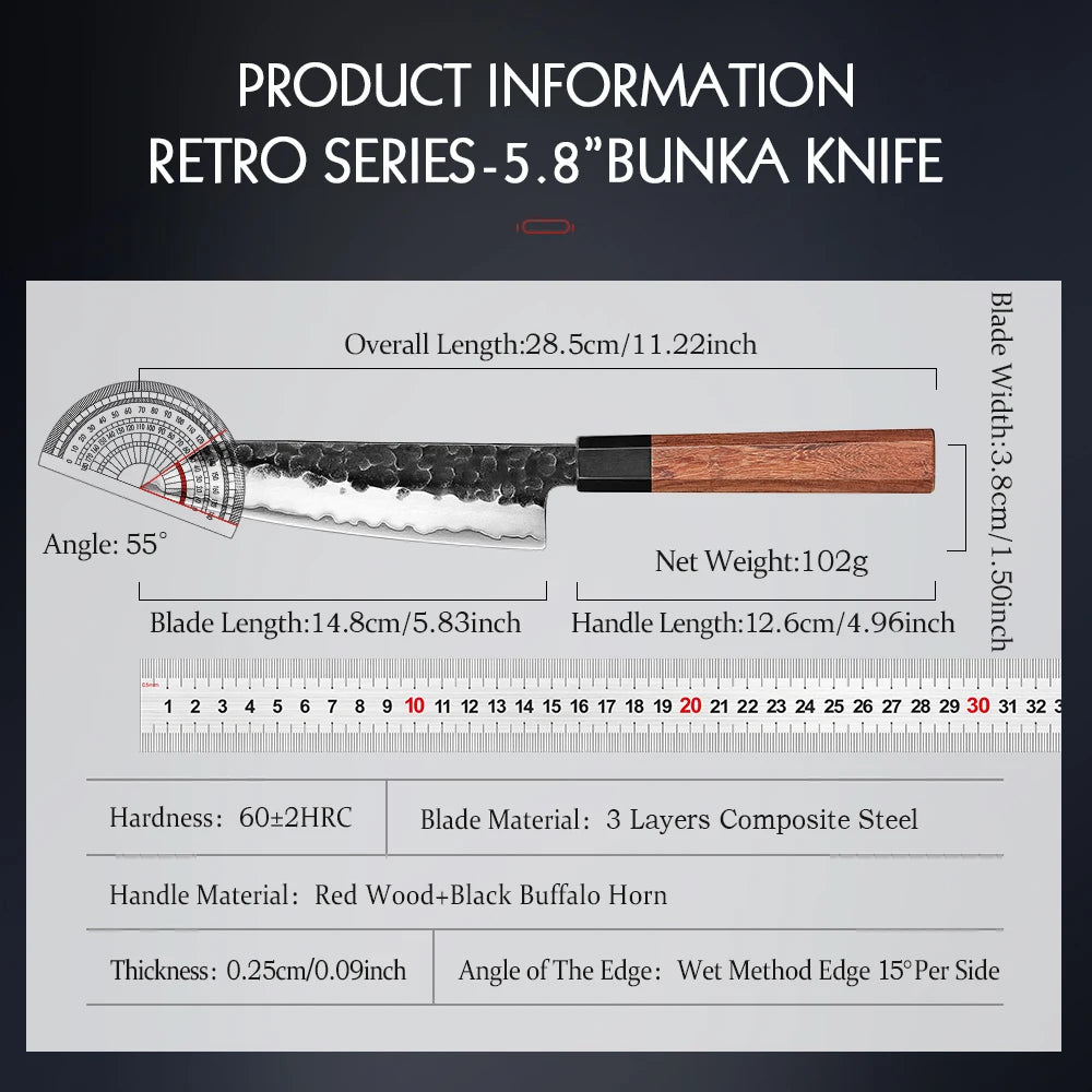 5.8 Inch Bunka Knife Three-layer Composite Steel Stainless Steel Red Wood Handle Kitchen Cooking Utility Chef Knives