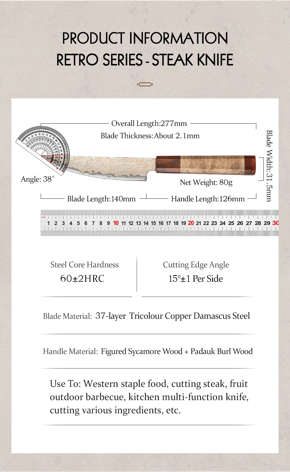 HEZHEN 5.5 Inches Steak Knife 37 Layers Damascus Steel Table knife Dinner Knives Custom 12Cr18MoV steel Core Wooden Gift Box