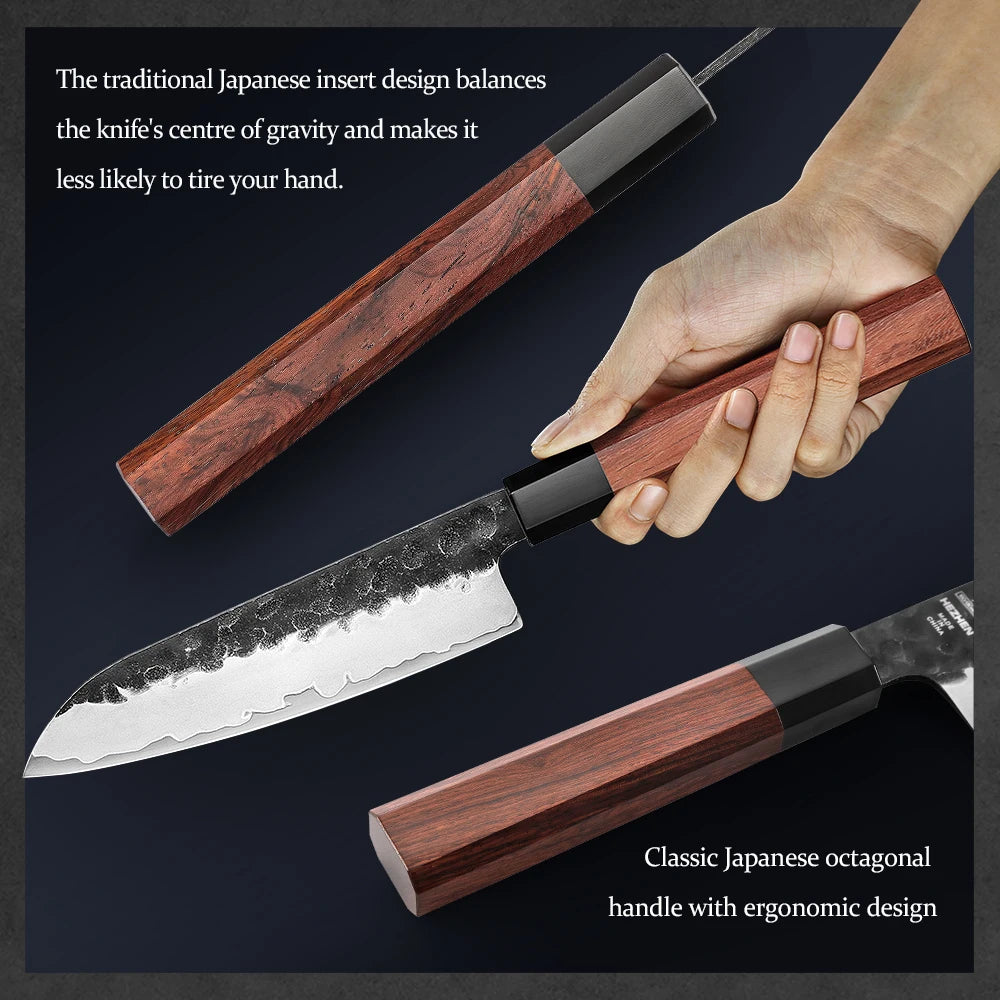 5.5 Inch Santoku Knife Three-layer Composite Steel Stainless Steel Red Wood Handle Kitchen Cooking Knives