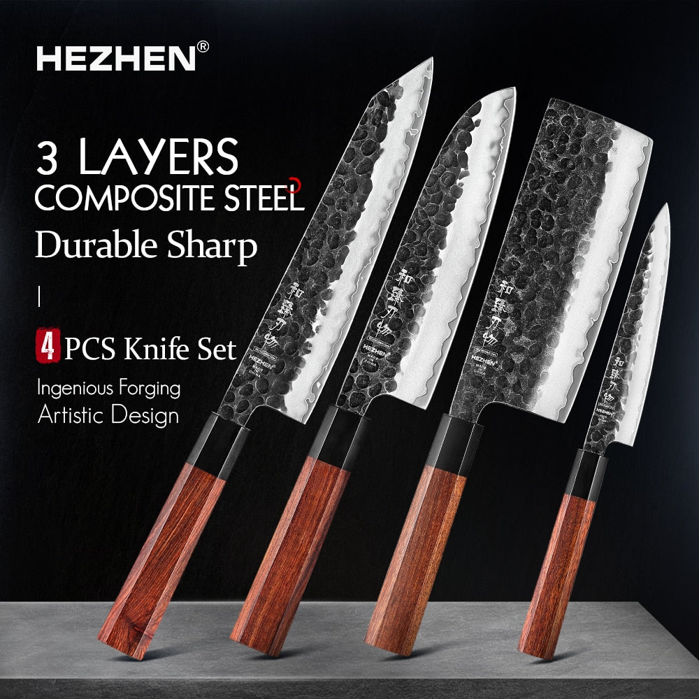 HEZHEN 1-4PC Kitchen Knife Set Slicing Stainless Steel Composite Steel Chef Santoku Nakiri Utility Rosewood Handle Gift Box