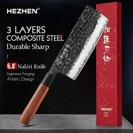 6.8 Inches Nakiri Knife Three-layer Composite Steel Stainless Steel Red Wood Handle Kitchen Cooking Knives