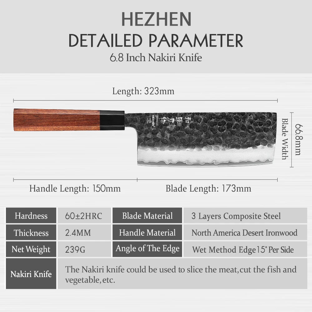 6.8 Inches Nakiri Knife Three-layer Composite Steel Stainless Steel Red Wood Handle Kitchen Cooking Knives
