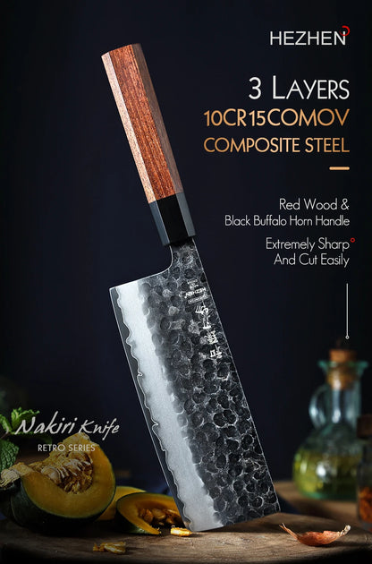6.8 Inches Nakiri Knife Three-layer Composite Steel Stainless Steel Red Wood Handle Kitchen Cooking Knives