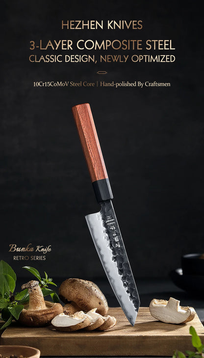 5.8 Inch Bunka Knife Three-layer Composite Steel Stainless Steel Red Wood Handle Kitchen Cooking Utility Chef Knives
