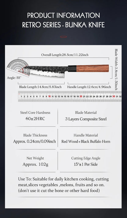 5.8 Inch Bunka Knife Three-layer Composite Steel Stainless Steel Red Wood Handle Kitchen Cooking Utility Chef Knives