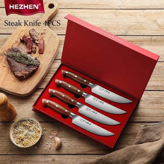 HEZHEN 1PC Or 4PC Steak Knife Set 1.4116 steel Red Wood Handle Cook Tools Core Blade Kitchen Knife Accessories Box Packing