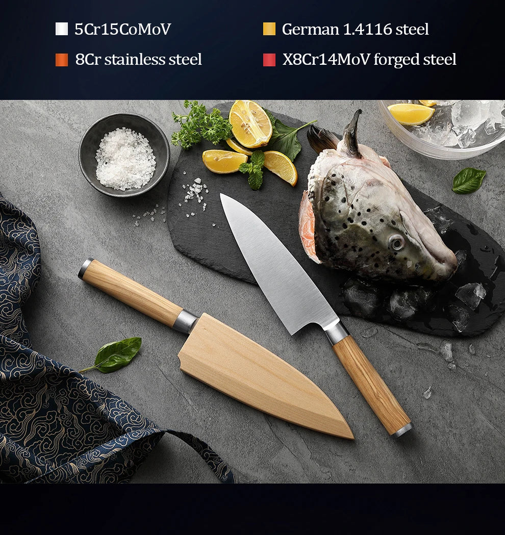 HEZHEN Classic Series Sashimi Knife 180mm X8Cr14MoV Forged Steel Olive Wood Handle Kitchen Knives Sharp Tools