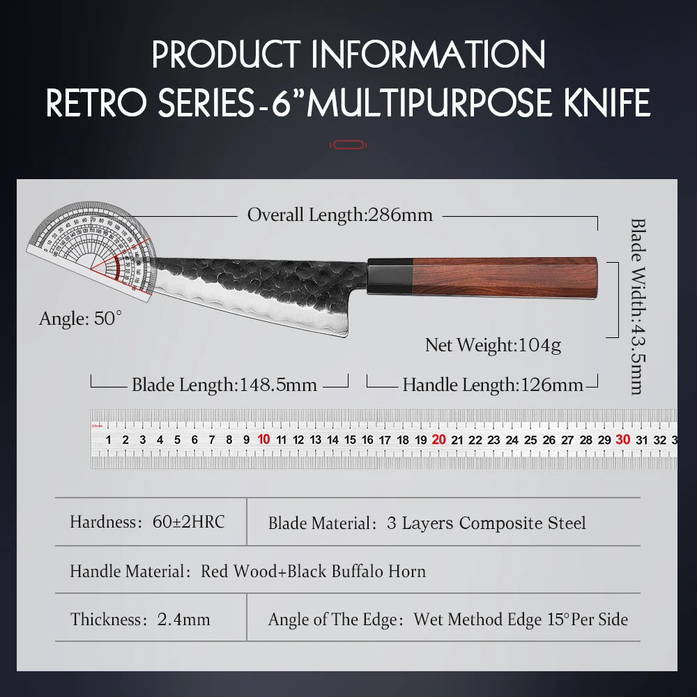 HEZHEN 6 Inch Multipurpose Knife Three-layer Composite Steel Stainless Steel Red Wood Handle Kitchen Cooking Utility Knives