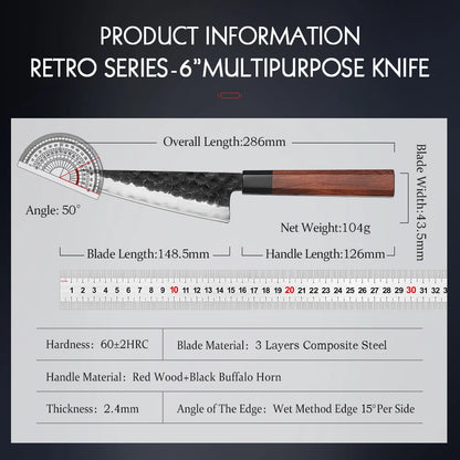 HEZHEN 6 Inch Multipurpose Knife Three-layer Composite Steel Stainless Steel Red Wood Handle Kitchen Cooking Utility Knives