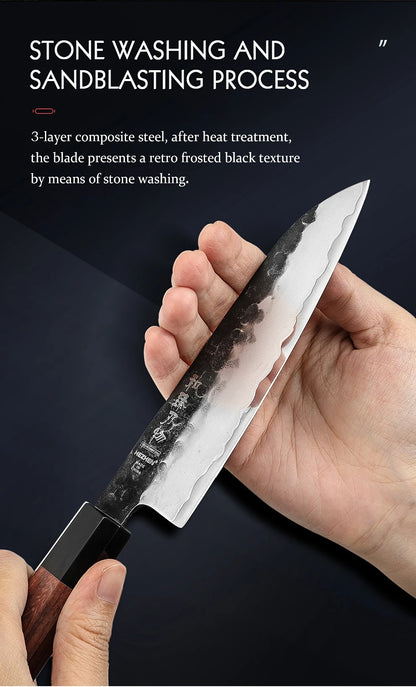 5.5 Inch Santoku Knife Three-layer Composite Steel Stainless Steel Red Wood Handle Kitchen Cooking Knives