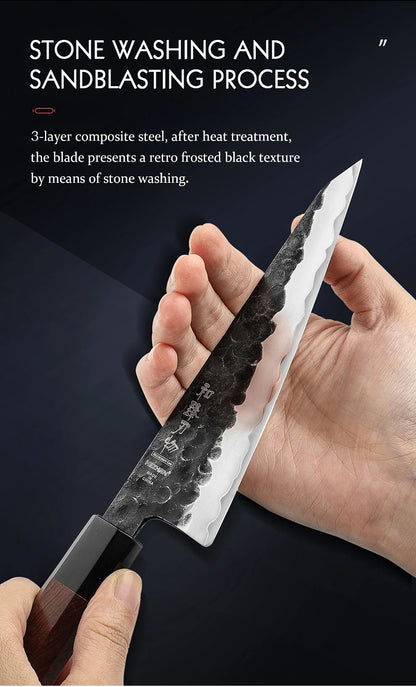 HEZHEN 6 Inch Multipurpose Knife Three-layer Composite Steel Stainless Steel Red Wood Handle Kitchen Cooking Utility Knives