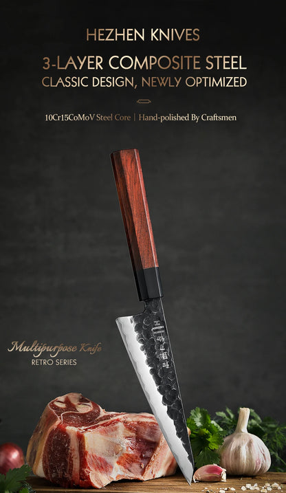 HEZHEN 6 Inch Multipurpose Knife Three-layer Composite Steel Stainless Steel Red Wood Handle Kitchen Cooking Utility Knives