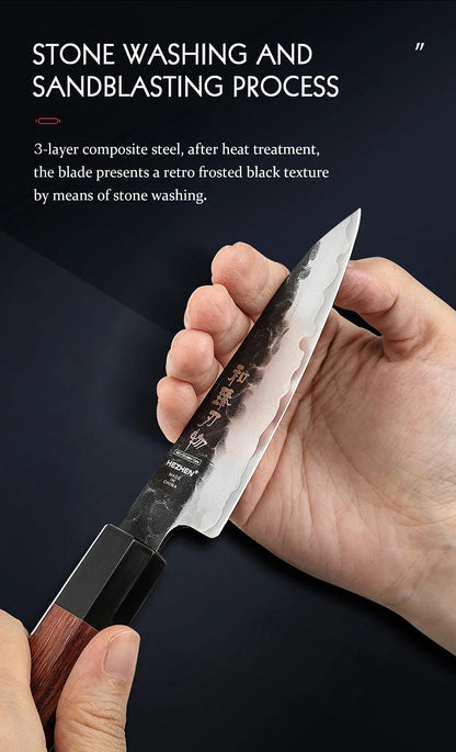 HEZHEN 4 Inch Paring Knife Three-layer Composite Steel Stainless Steel Red Wood Handle Kitchen Cooking Knives