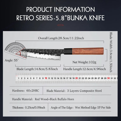 5.8 Inch Bunka Knife Three-layer Composite Steel Stainless Steel Red Wood Handle Kitchen Cooking Utility Chef Knives
