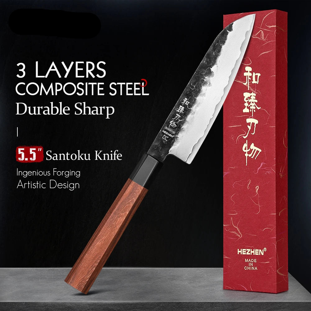 Chefswords 5.5 Inch Santoku Knife Red Wood Handle