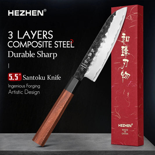 5.5 Inch Santoku Knife Three-layer Composite Steel Stainless Steel Red Wood Handle Kitchen Cooking Knives