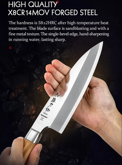HEZHEN Classic Series Sashimi Knife 180mm X8Cr14MoV Forged Steel Olive Wood Handle Kitchen Knives Sharp Tools