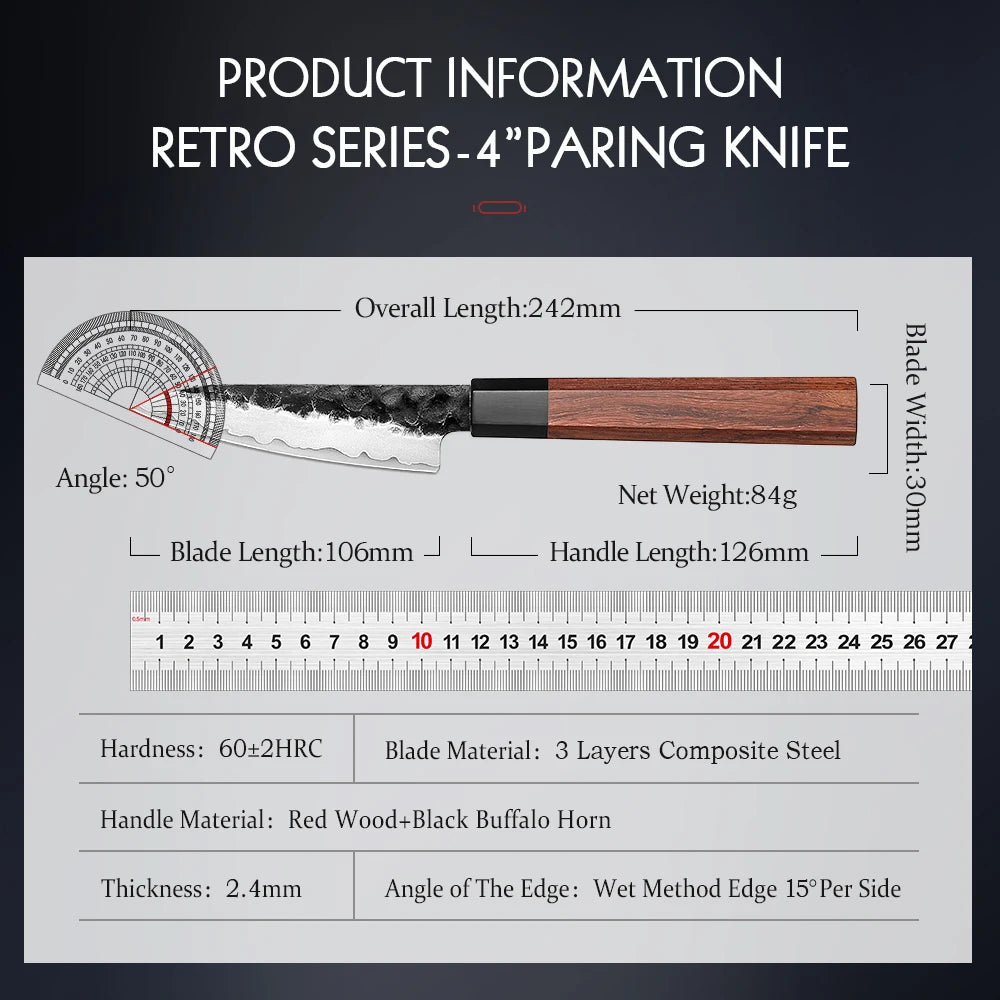 HEZHEN 4 Inch Paring Knife Three-layer Composite Steel Stainless Steel Red Wood Handle Kitchen Cooking Knives
