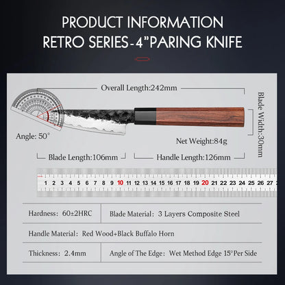HEZHEN 4 Inch Paring Knife Three-layer Composite Steel Stainless Steel Red Wood Handle Kitchen Cooking Knives