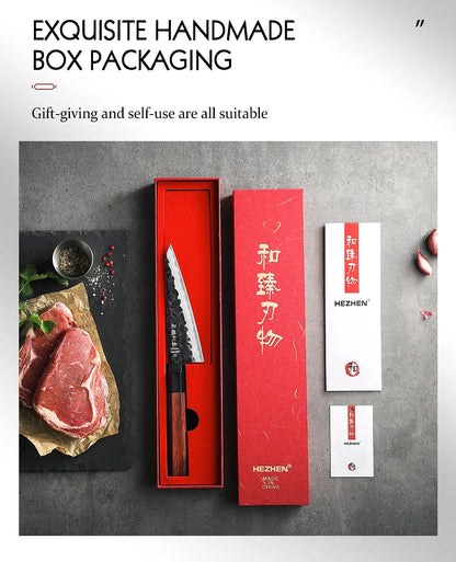 HEZHEN 6 Inch Multipurpose Knife Three-layer Composite Steel Stainless Steel Red Wood Handle Kitchen Cooking Utility Knives