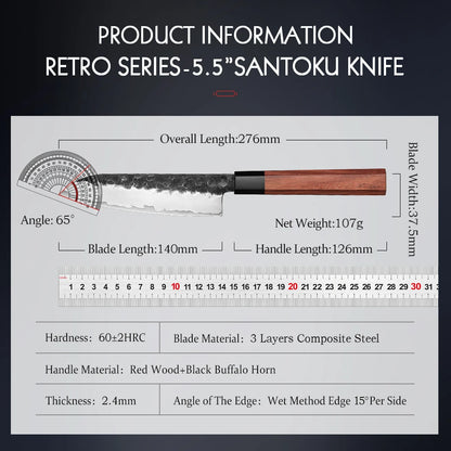 5.5 Inch Santoku Knife Three-layer Composite Steel Stainless Steel Red Wood Handle Kitchen Cooking Knives