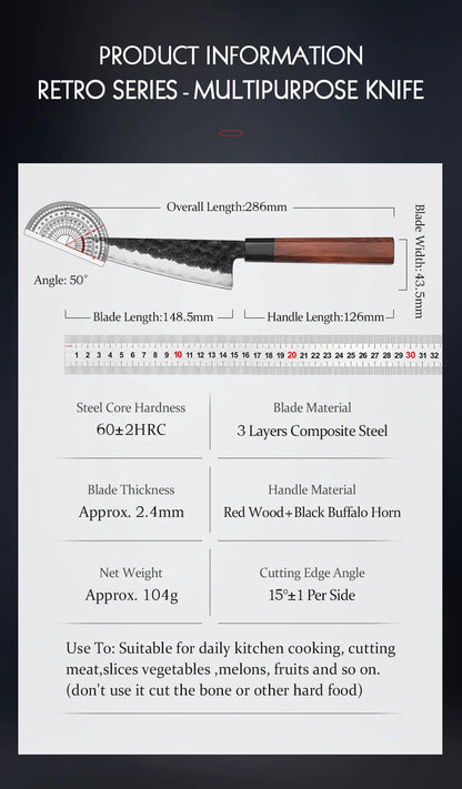 HEZHEN 6 Inch Multipurpose Knife Three-layer Composite Steel Stainless Steel Red Wood Handle Kitchen Cooking Utility Knives