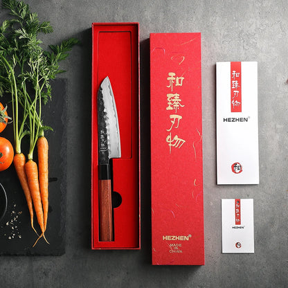 5.5 Inch Santoku Knife Three-layer Composite Steel Stainless Steel Red Wood Handle Kitchen Cooking Knives