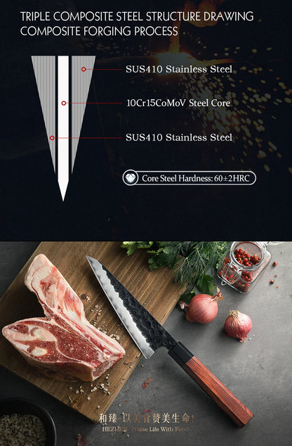 HEZHEN 6 Inch Multipurpose Knife Three-layer Composite Steel Stainless Steel Red Wood Handle Kitchen Cooking Utility Knives