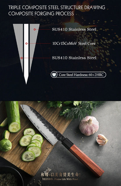 HEZHEN 5.5 Inch Santoku Knife Three-layer Composite Steel Stainless Steel Red Wood Handle Kitchen Cooking Knives