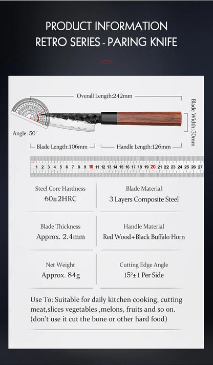 HEZHEN 4 Inch Paring Knife Three-layer Composite Steel Stainless Steel Red Wood Handle Kitchen Cooking Knives