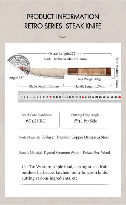 HEZHEN 5.5 Inches Steak Knife 37 Layers Damascus Steel Table knife Dinner Knives Custom 12Cr18MoV steel Core Wooden Gift Box