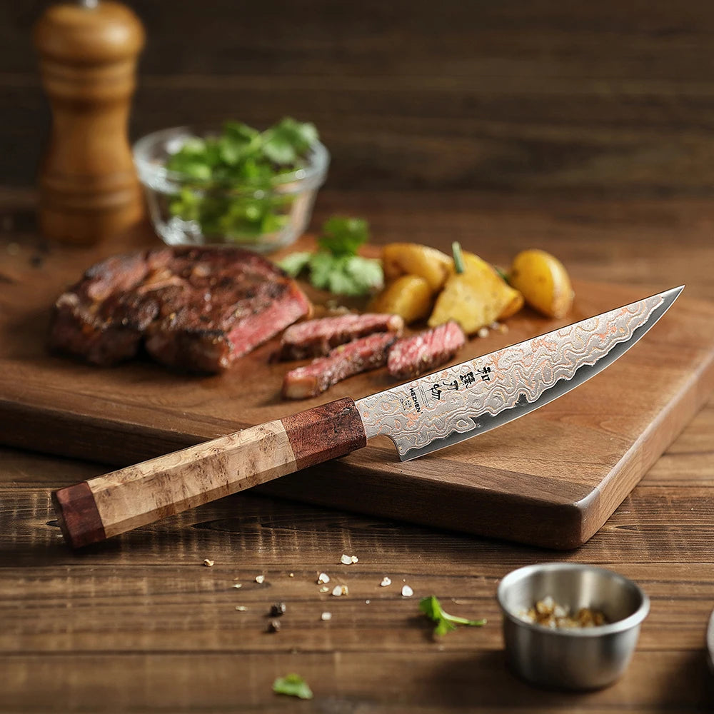 HEZHEN 5.5 Inches Steak Knife 37 Layers Damascus Steel Table knife Dinner Knives Custom 12Cr18MoV steel Core Wooden Gift Box