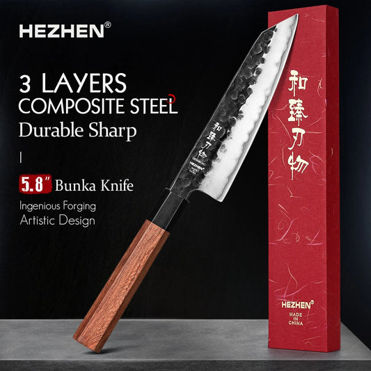 5.8 Inch Bunka Knife Three-layer Composite Steel Stainless Steel Red Wood Handle Kitchen Cooking Utility Chef Knives
