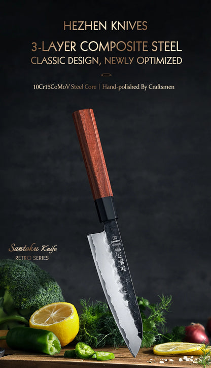 5.5 Inch Santoku Knife Three-layer Composite Steel Stainless Steel Red Wood Handle Kitchen Cooking Knives