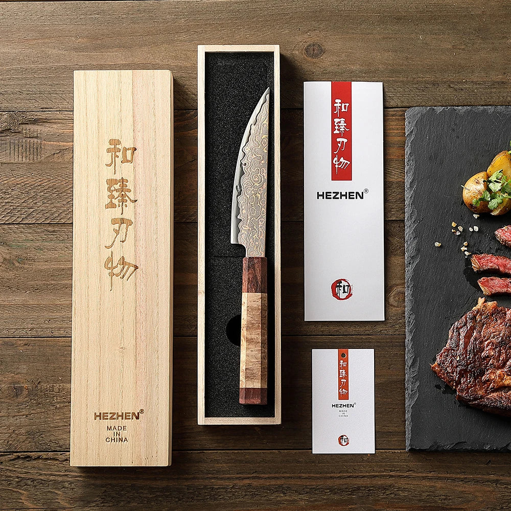 HEZHEN 5.5 Inches Steak Knife 37 Layers Damascus Steel Table knife Dinner Knives Custom 12Cr18MoV steel Core Wooden Gift Box