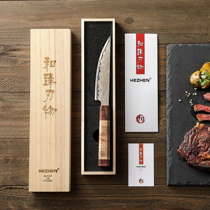 HEZHEN 5.5 Inches Steak Knife 37 Layers Damascus Steel Table knife Dinner Knives Custom 12Cr18MoV steel Core Wooden Gift Box