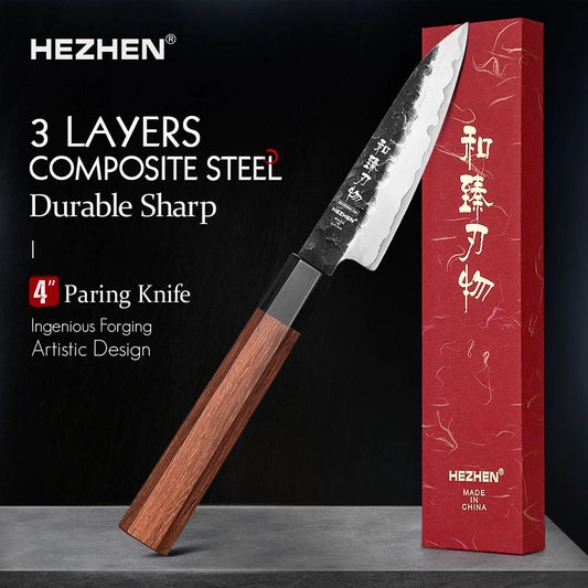 HEZHEN 4 Inch Paring Knife Three-layer Composite Steel Stainless Steel Red Wood Handle Kitchen Cooking Knives