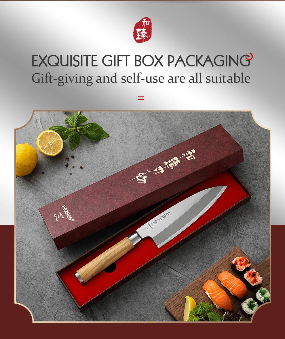 HEZHEN Classic Series Sashimi Knife 180mm X8Cr14MoV Forged Steel Olive Wood Handle Kitchen Knives Sharp Tools