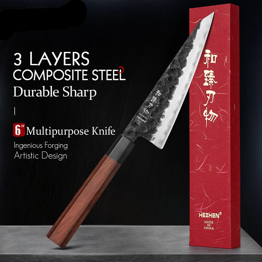 Chefswords 6 Inch Multipurpose Knife Three-layer Composite Steel Stainless Steel Red Wood