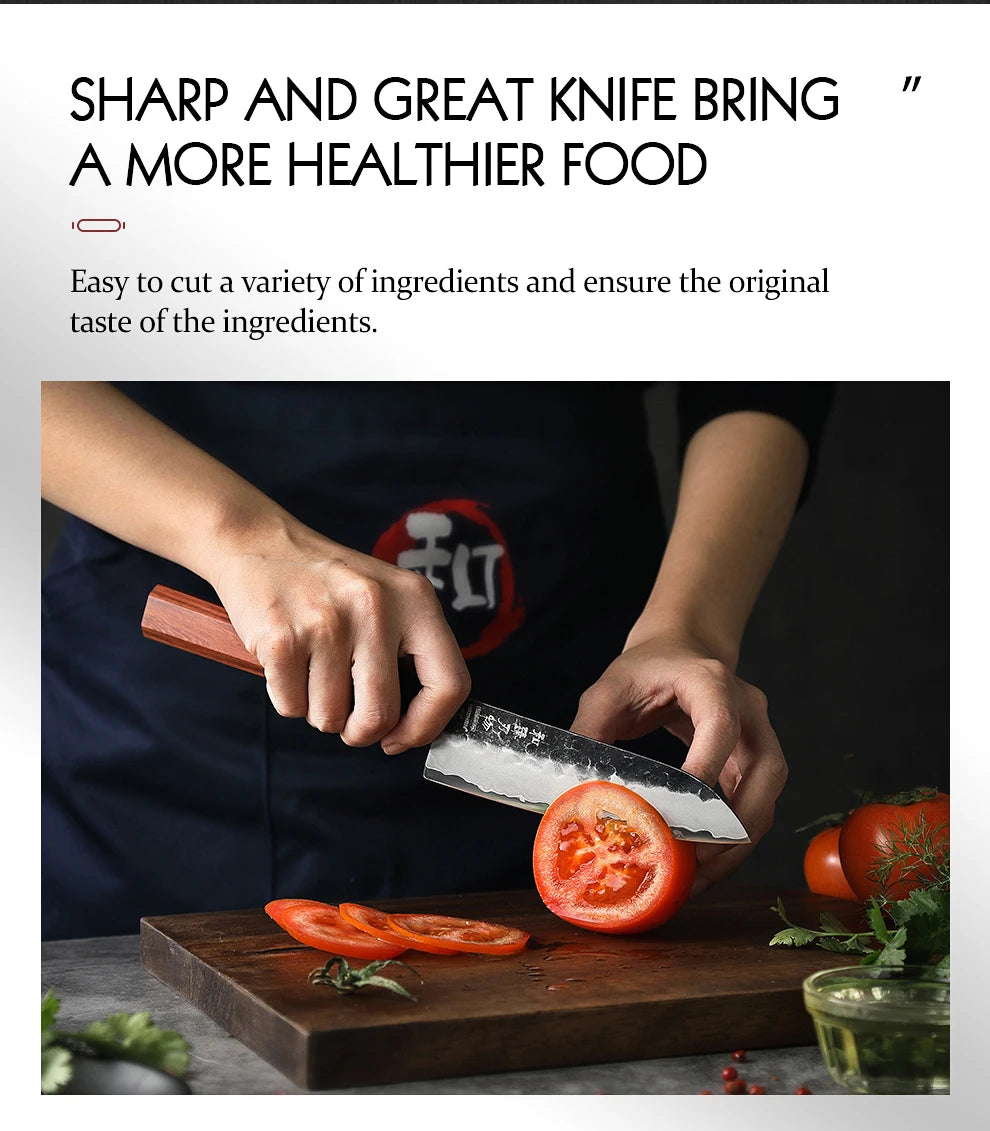 5.5 Inch Santoku Knife Three-layer Composite Steel Stainless Steel Red Wood Handle Kitchen Cooking Knives