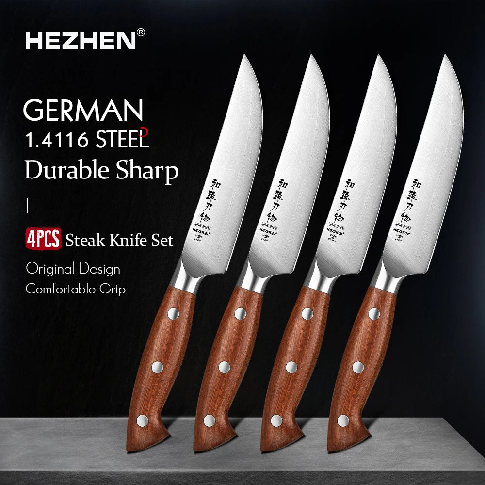 HEZHEN 1PC Or 4PC Steak Knife Set 1.4116 steel Red Wood Handle Cook Tools Core Blade Kitchen Knife Accessories Box Packing