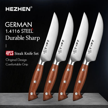 HEZHEN 1PC Or 4PC Steak Knife Set 1.4116 steel Red Wood Handle Cook Tools Core Blade Kitchen Knife Accessories Box Packing