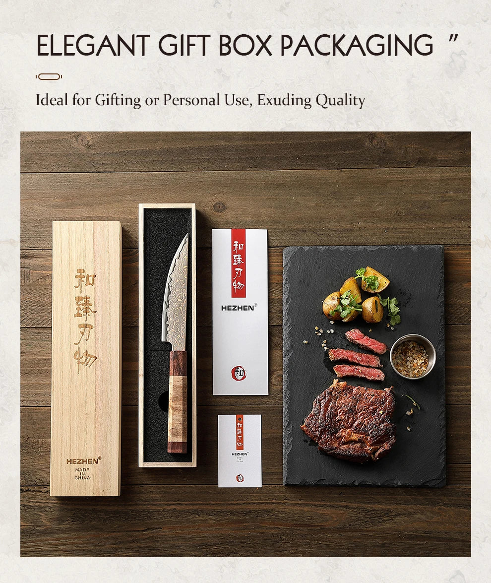HEZHEN 5.5 Inches Steak Knife 37 Layers Damascus Steel Table knife Dinner Knives Custom 12Cr18MoV steel Core Wooden Gift Box