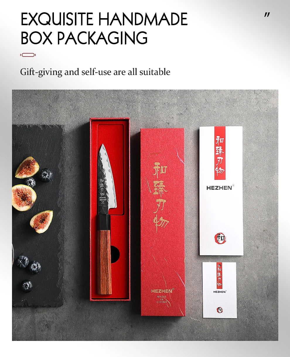 HEZHEN 4 Inch Paring Knife Three-layer Composite Steel Stainless Steel Red Wood Handle Kitchen Cooking Knives