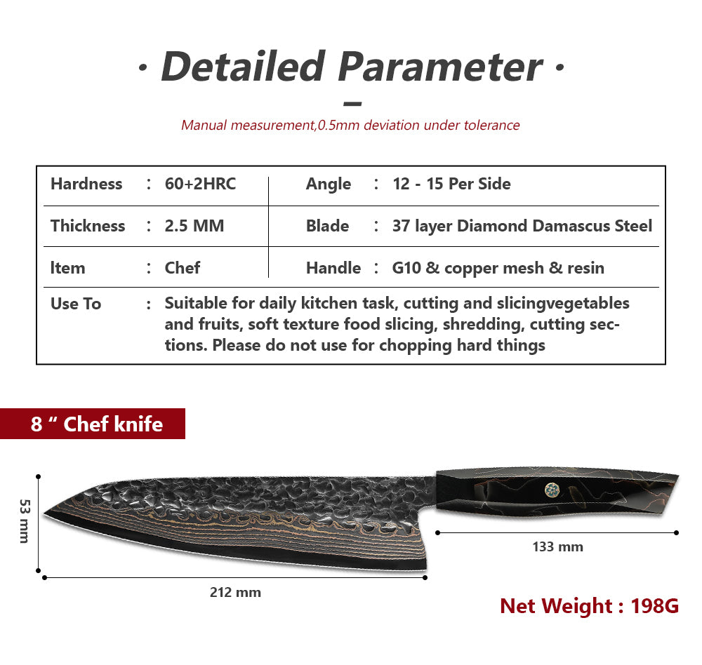 Chefswords 8" Copper Damascus Chef Knife